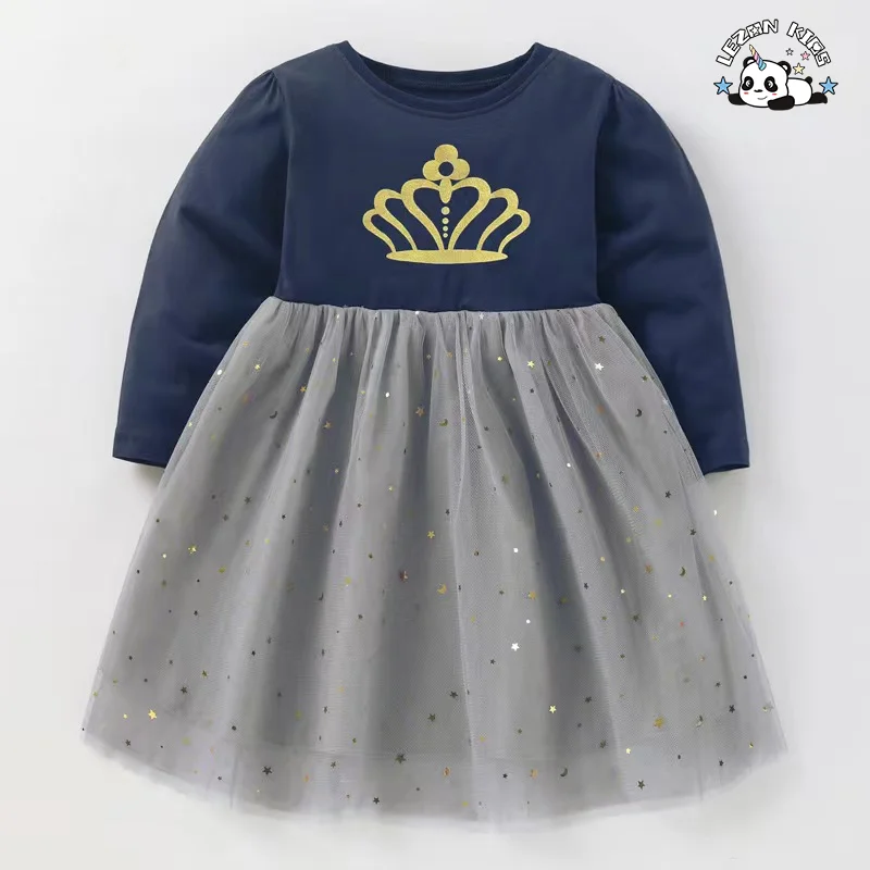 LEZONKIDS - Hot Sale Long Sleeves Foil Gold Silver Tulle Rompers Toddler Girls Dresses for Kids